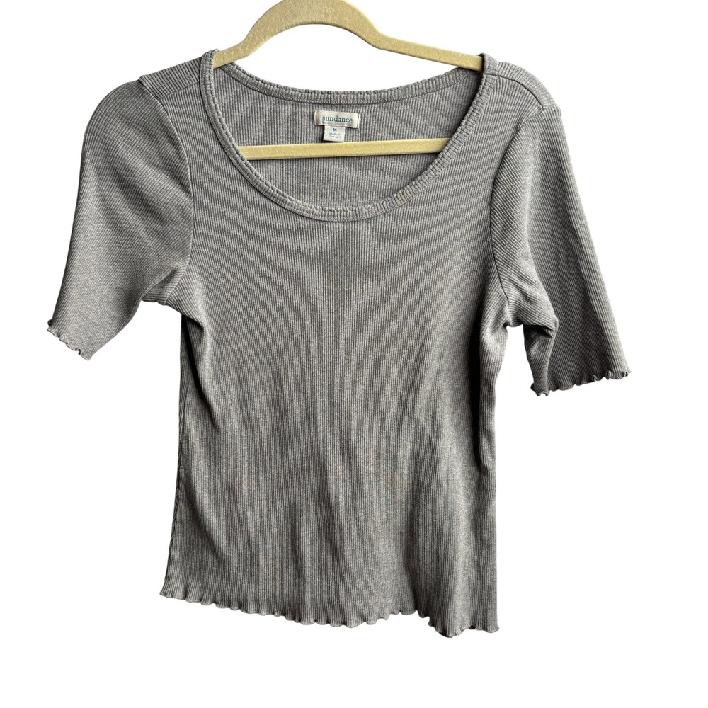Sundance Gray Ribbed Cotton Lettuce Trim Scoop Neck Short Sleeve Fitted Top M